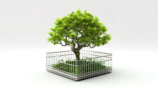 禁闭容器，金属笼子包裹着白色背景上一棵生机勃勃的绿树，生态 3D 渲染的视觉评论