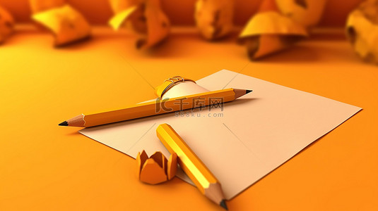 3D 渲染中充满活力的橙色背景上可爱的黄色铅笔和纸