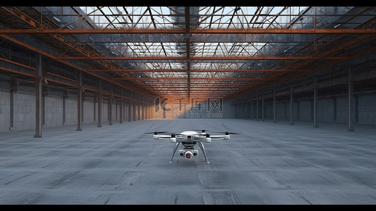 废弃工厂中的无人机 3D 渲染