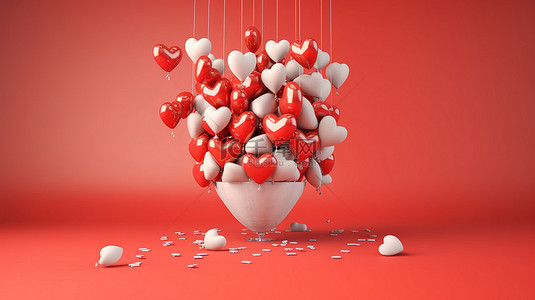 携带情书的心形气球的 3D 渲染