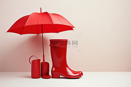 红色雨伞背景图片_红色高筒靴，下有雨伞