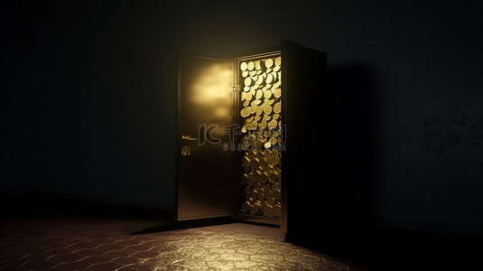 老式冰箱背景图片_标题闪闪发光的金色秘密隐藏在老式冰箱 3D 渲染的阴影中