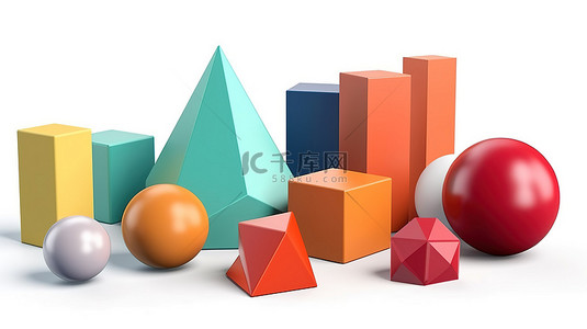 用于教育的基本几何图形孤立的几何形状集，包括 3D 渲染和插图中的球体锥体圆柱体和立方体