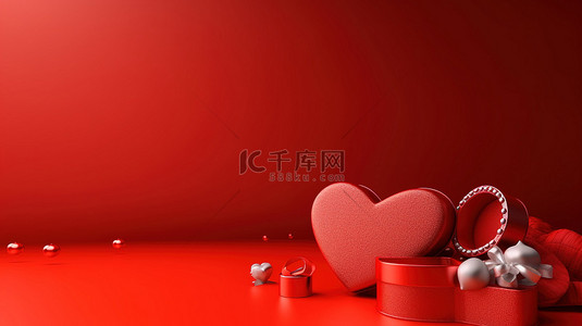 情人节庆祝横幅，配有心形礼物和红色背景的盒子，非常适合文本空间 3D 艺术