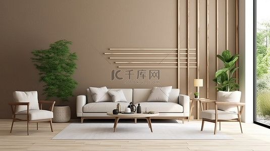 现代木格子墙装饰在 3D 渲染的现代客厅中，配有时尚的黑色沙发和混凝土地板
