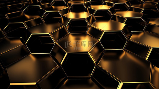 金色金属色豪华几何六边形的 3D 渲染，效果模糊
