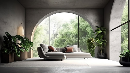 黑色椅子背景图片_现代灰色内饰，带拱窗花园景观和豪华黑色椅子