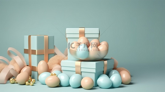 复活节庆祝背景以逼真的装饰 3D 礼品盒和鸡蛋为特色
