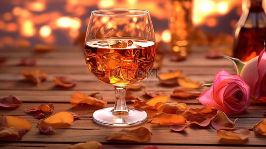 酒的背景图片_3D 渲染中带有干邑玻璃和玫瑰花瓣的照明木板