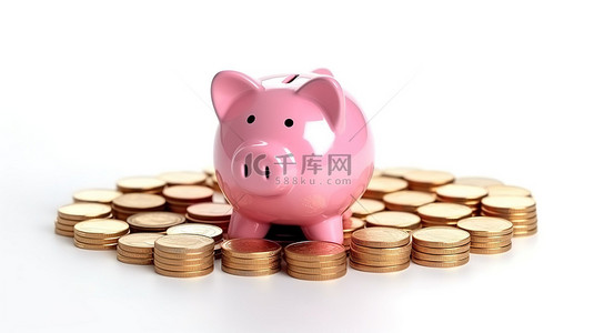 粉色存钱罐收到金币，用于财务储蓄和存款增长，白色背景由 3D 渲染说明