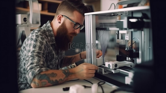 学校创意背景图片_留着胡子的设计师操作 3D 打印机