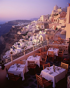 悬空岛上背景图片_圣托里尼岛上的餐厅