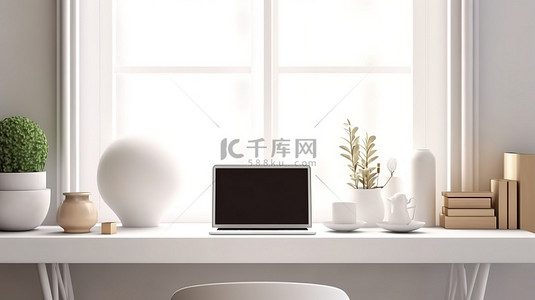 时尚简约的白色家庭办公室，桌子上有 3D 笔记本电脑模型
