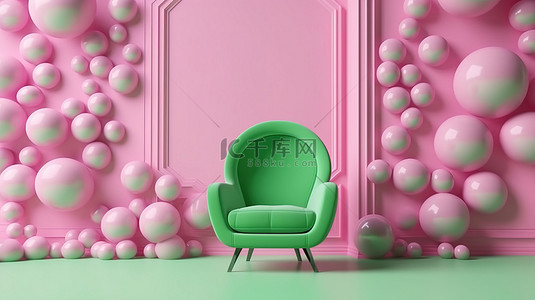 粉色室内设计背景图片_美观的生活空间，配有粉色扶手椅绿色拱门和 3D 肥皂泡效果