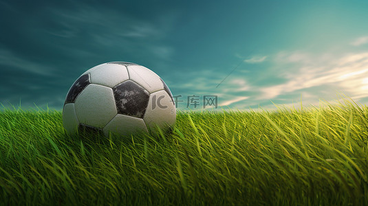 足球比赛草地背景图片_剪切路径包括带有 3d 渲染足球的草地横幅