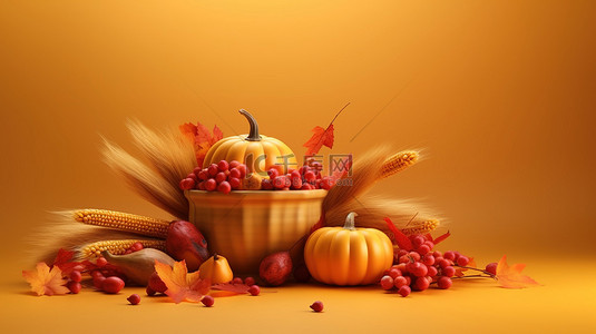 秋季食品背景图片_3D 渲染秋季和感恩节横幅设计，具有充足的复制空间