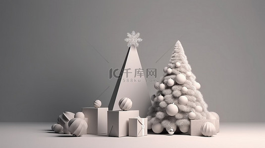简约的 3D 设计圣诞装饰品，一棵树的渲染，上面挂着礼品盒和球