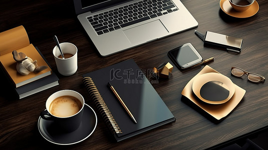办公桌文具背景图片_3D 渲染的黑暗工作区的自上而下视图，配有笔记本电脑文具咖啡杯和充足的复印空间