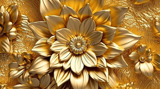 豪华装饰背景上优雅绽放的金色花卉艺术 3D 插图