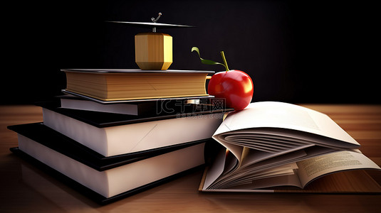 展开画轴背景图片_一本 3D 书展开，上面有苹果毕业帽文凭和堆得高高的书