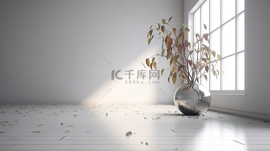 木地板客厅背景图片_白色木地板上空房间中带有干燥植物的铬花瓶的真实 3D 渲染