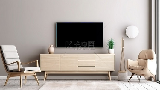现代生活空间室内设计中的时尚电视柜，配有扶手椅，搭配简约的白墙 3D 渲染