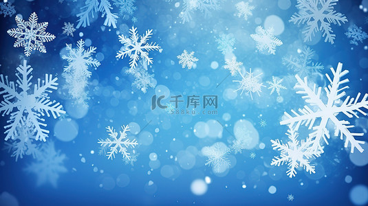 新年降雪 3D 冬季蓝色背景，飘落的圣诞雪花和雪饰