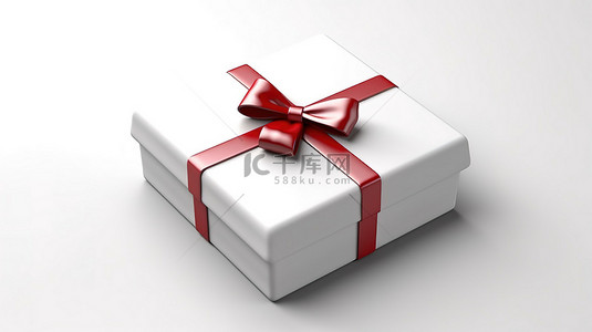 红色丝带蝴蝶结背景图片_白色礼品盒的顶视图 3D 渲染，红色丝带打开并显示在白色背景上
