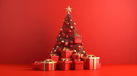 红色背景下带有圣诞树和新年礼物 3D 渲染的横幅