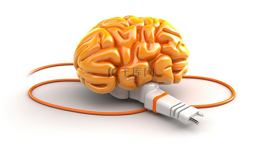 带有电源线和插头的带电大脑在白色背景 3D 渲染上隔离