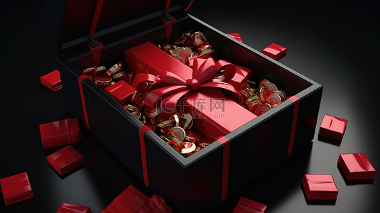 蝴蝶结装饰背景图片_带有 3d 渲染美元硬币的红色蝴蝶结装饰礼品盒