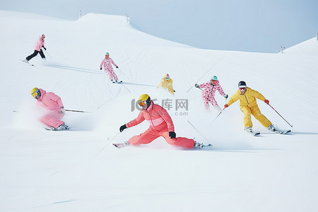 滑雪背景图片_一群人从积雪覆盖的斜坡上滑雪