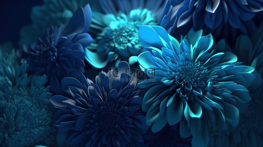 美丽的 3d 渲染蓝色背景与令人惊叹的花卉口音