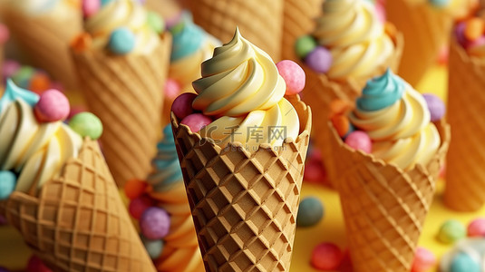 3D 渲染夏季华夫饼锥体与冰淇淋的图形背景