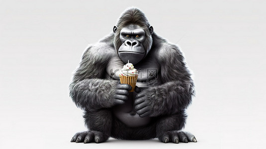 纸杯蛋糕卡通背景图片_搞笑的 3D 大猩猩抓着美味的纸杯蛋糕