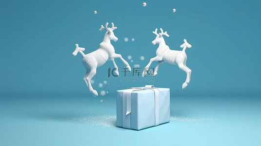 两只驯鹿从白色礼盒中跳出，蓝色背景上带有红丝带和雪花 3D 渲染