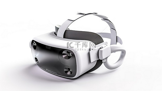 通过 3D 渲染展示白色虚拟现实耳机在纯白色背景下的详细外观