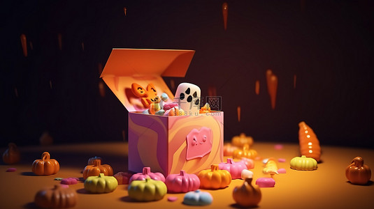 卡通风格的 3D 渲染礼品盒揭开万圣节主题惊喜幽灵南瓜和糖果的喜悦
