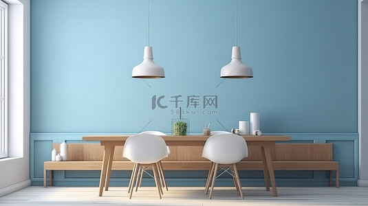 浅色家具背景图片_舒适的浅色餐厅，配有空白蓝墙的特写 3D 渲染