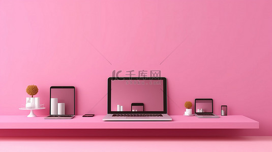 3D 插图中的数字设备整齐地排列在粉红色架子笔记本电脑手机和平板电脑上