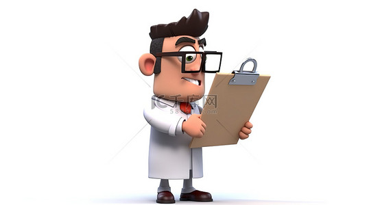 卡通医生角色凝视着 3D 渲染中大剪贴板的空白页
