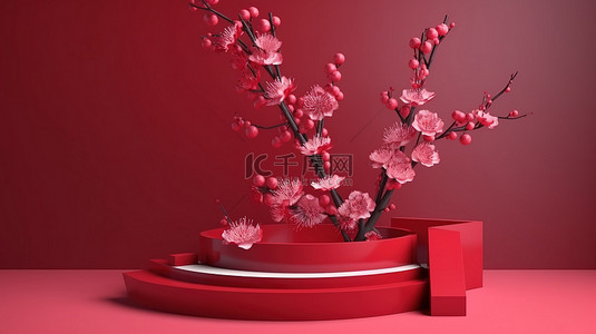 日本樱花樱花背景图片_几何讲台的 3D 渲染，红色背景上有樱花，用于产品展示