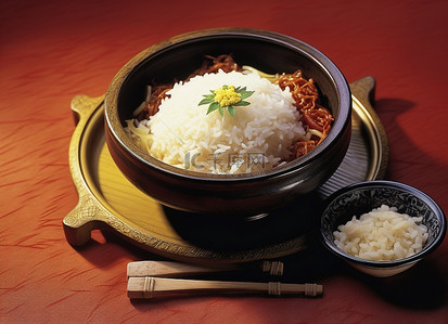 米饭拌饭料背景图片_一碗韩国米饭在一张纸上