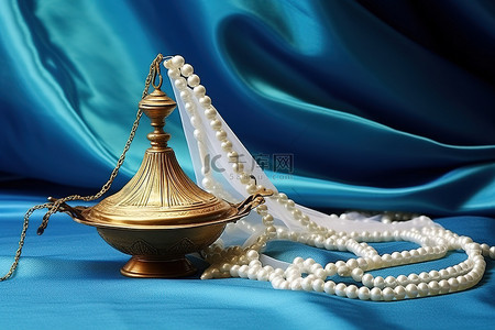 毛巾拧水背景图片_蓝色毛巾上的白灯珍珠和珍珠串