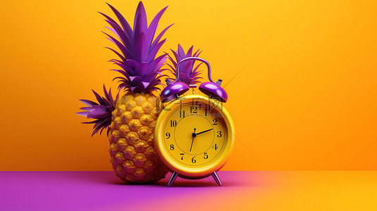 充满活力的黄色和紫色背景上的菠萝和时钟的夏季灵感 3D 渲染