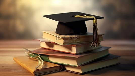 教育书籍和毕业帽插图的 3d 渲染