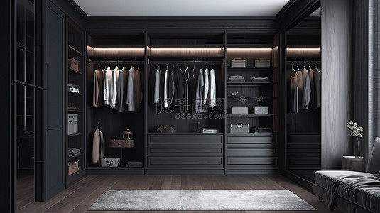 一个时尚的斯堪的纳维亚步入式衣柜，采用黑木材质，衣柜位于窗户旁边，精美的 3D 渲染