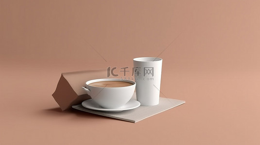 甜味剂背景图片_独立长香袋和纸杯样机的 3D 渲染