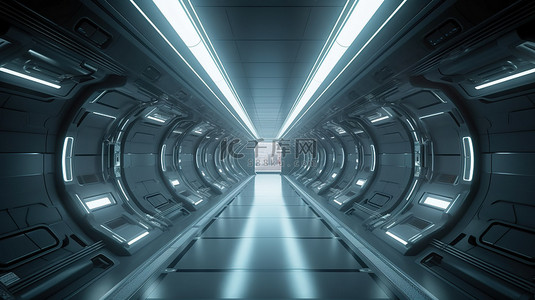 3d 渲染的未来派太空飞船内部走廊