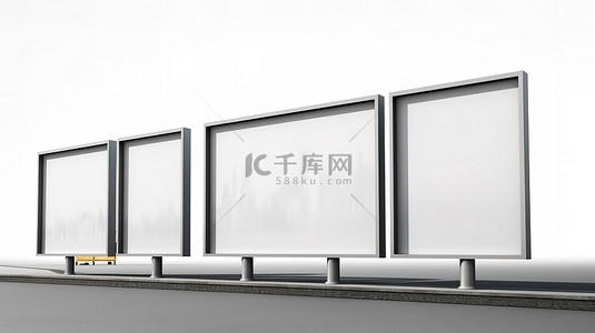 城市火车背景图片_白色背景 3D 渲染的空白广告牌模型的集合